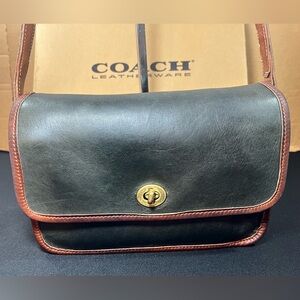Vintage Coach 9850 Compartment Bag GREEN Leather Tan Spectator Trim Needs TLC